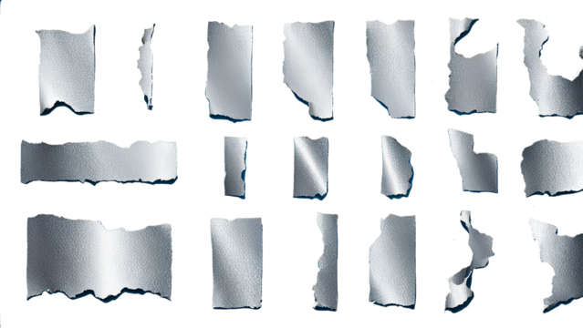 Collection of Torn Silver Foil Fragments – Perfect Transparent PNG for Graphic Design, Elegant Decor, and Shiny Textures