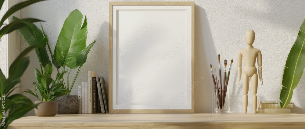 Poster on a wooden tabletop, a minimal white frame mockup is displayed with an empty frame