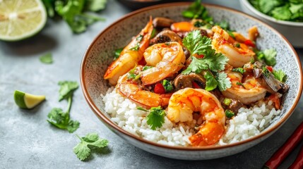 A high-quality image of with a focus on the shrimp and mushrooms, served in a traditional Thai bowl with a side of jasmine rice and fresh herbs.