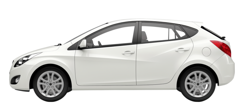 side view of white hatchback car isolated on transparent background