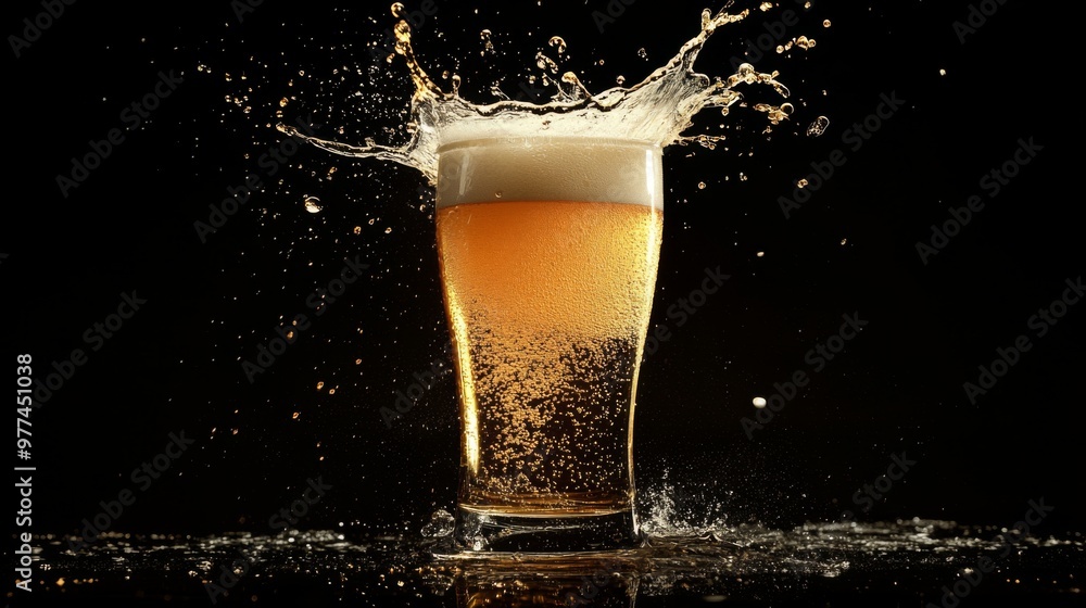 Poster A high-quality image of a beer glass with a splash of beer being poured, creating dynamic movement and emphasizing the refreshing quality of the drink