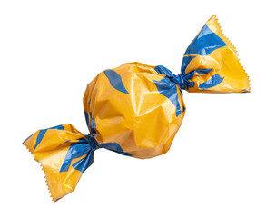 Yellow and blue twist wrapped candy, isolated on a transparent background