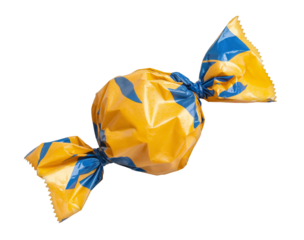 Yellow and blue twist wrapped candy, isolated on a transparent background