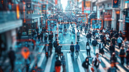 Elevated Security Camera Surveillance Footage of a Crowd of People Walking on Busy Urban City Streets. CCTV AI Facial Recognition Big Data Analysis Interface Scanning.