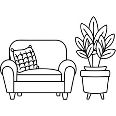 Coach and chair with flower pot line art vector 