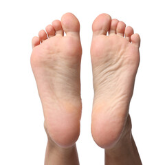 Barefoot woman on white background, closeup view