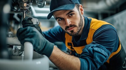 skilled plumber addressing plumbing issues by repairing white sink pipes in a bathroom, providing expert service and solutions