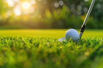 Golf ball and club on green grass in soft sunlight during golden hour The image captures a serene sports moment in nature
