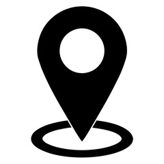Stylized black location pin illustration representing navigation and direction on a white background copy space