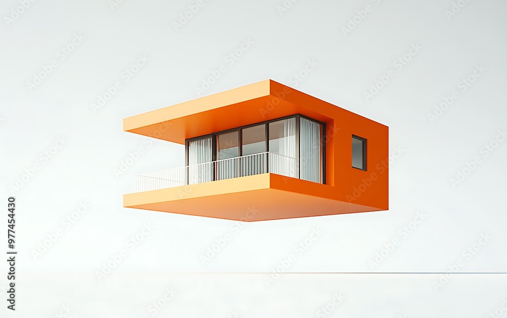 Aufkleber serene minimalist orange floating house in diagonal view on white background with soft shadows and h