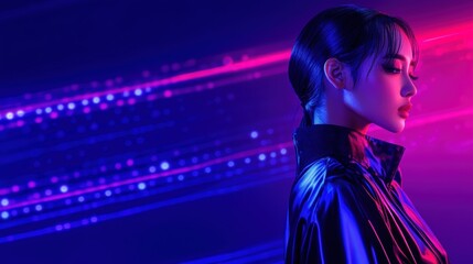 Fototapeta premium A modern portrait showcasing a stylish individual against vibrant neon lights, highlighting a blend of sophistication and creativity.