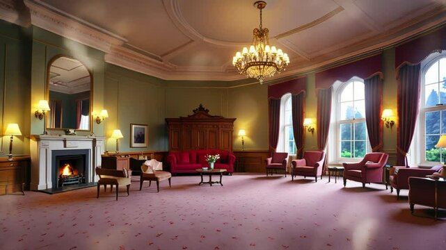 Luxurious room interior with fireplace. seamless looping 4k video background animation