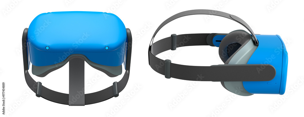 Poster virtual reality glasses and headset isolated on white background with clipping path. 3d render of de