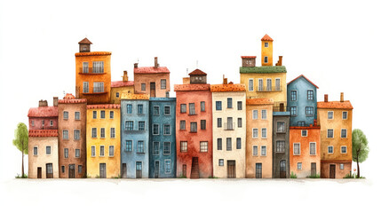 Fototapeta premium A colorful watercolor illustration of charming buildings, showcasing vibrant hues and unique architectural styles in a whimsical design.
