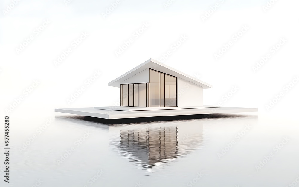 Aufkleber serene minimalist white floating house in harsh lighting - realistic high resolution photograph with