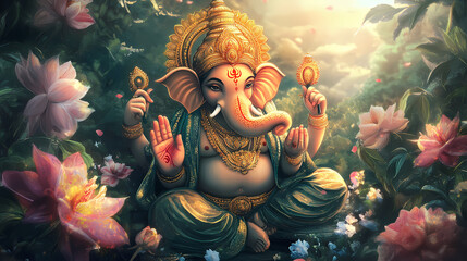 Hindu God Ganesha with flowers