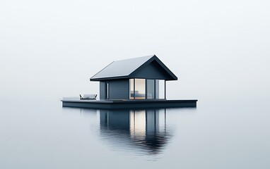 Modern Minimalist Grey Floating House in Soft Light Against White Background