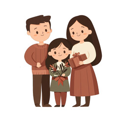 Fototapeta premium A cheerful family portrait featuring parents and a child celebrating with gifts and flowers, promoting love and togetherness. transparent background
