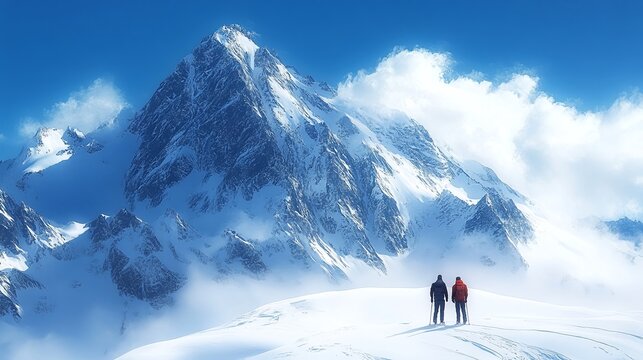 adventurous couple enjoying a romantic moment on a snowy mountain peak, surrounded by stunning winter landscapes and tranquility