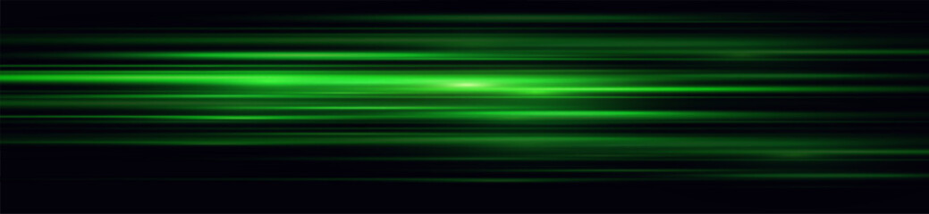 Moving fast green laser light beams isolated on black background. Abstract light effect. Green lens flare. Horizontal rays glowing in the dark. Vector