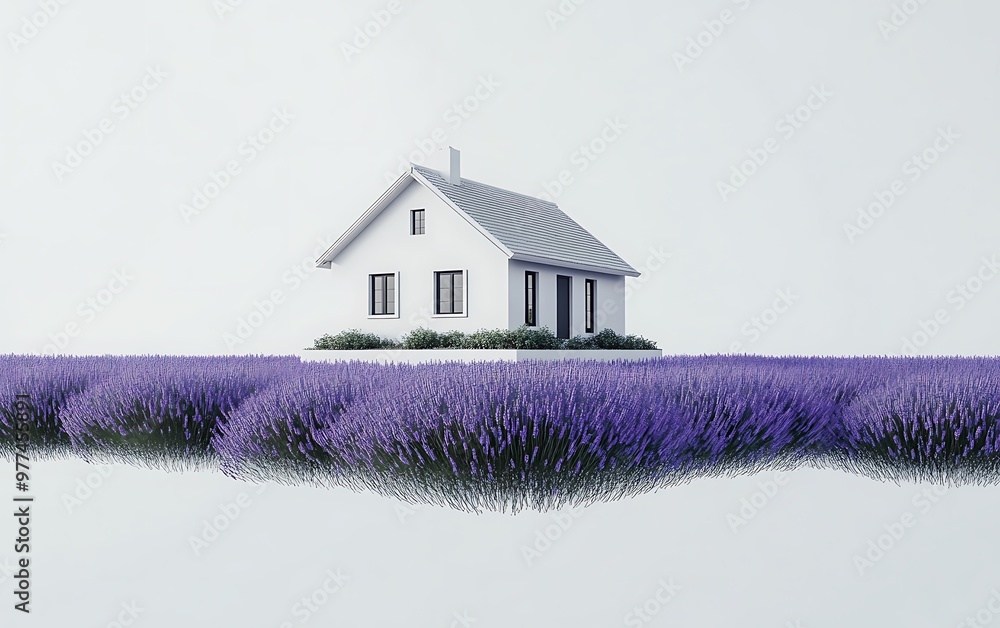 Aufkleber serene minimalist lavender floating house - clean realistic photography with soft shadows and expand