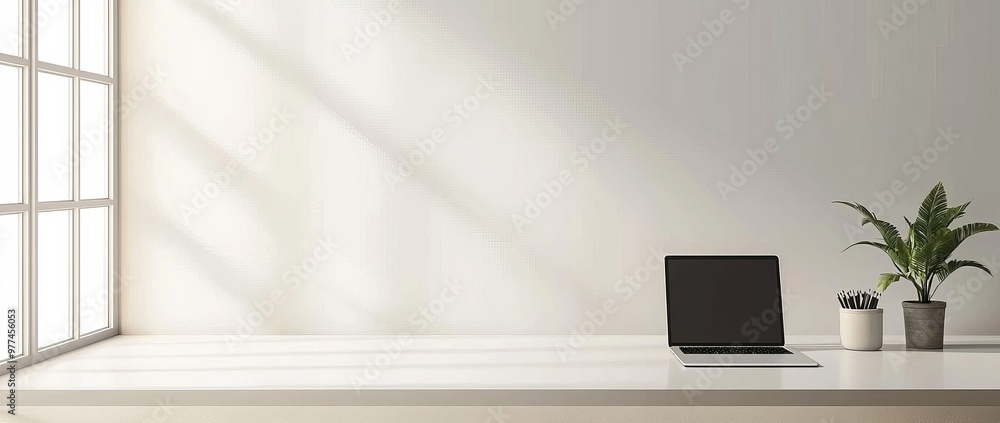 Poster mockup of modern white office workspace with notebook and laptop computers