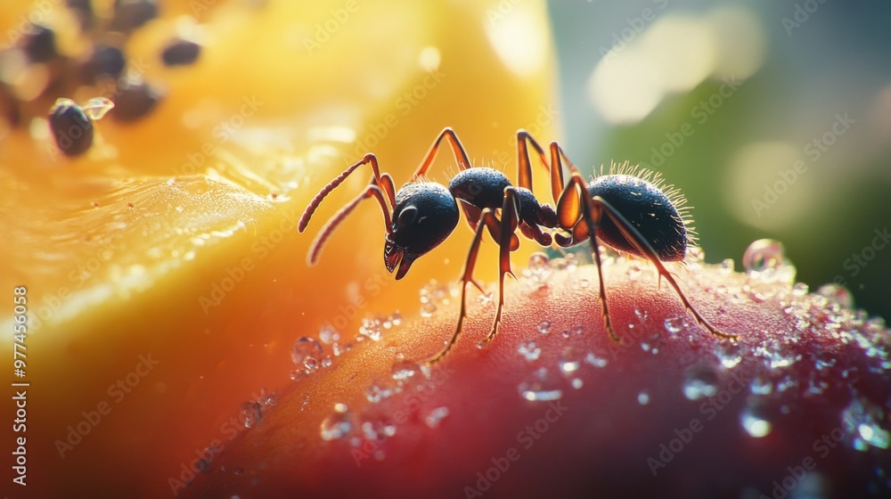 Poster a high-quality image of an ant exploring a piece of fruit, with close-up detail of its antennae and 