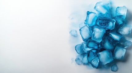 A vibrant pile of blue ice cubes on a clean white background, perfect for refreshing beverage and cooling concepts.