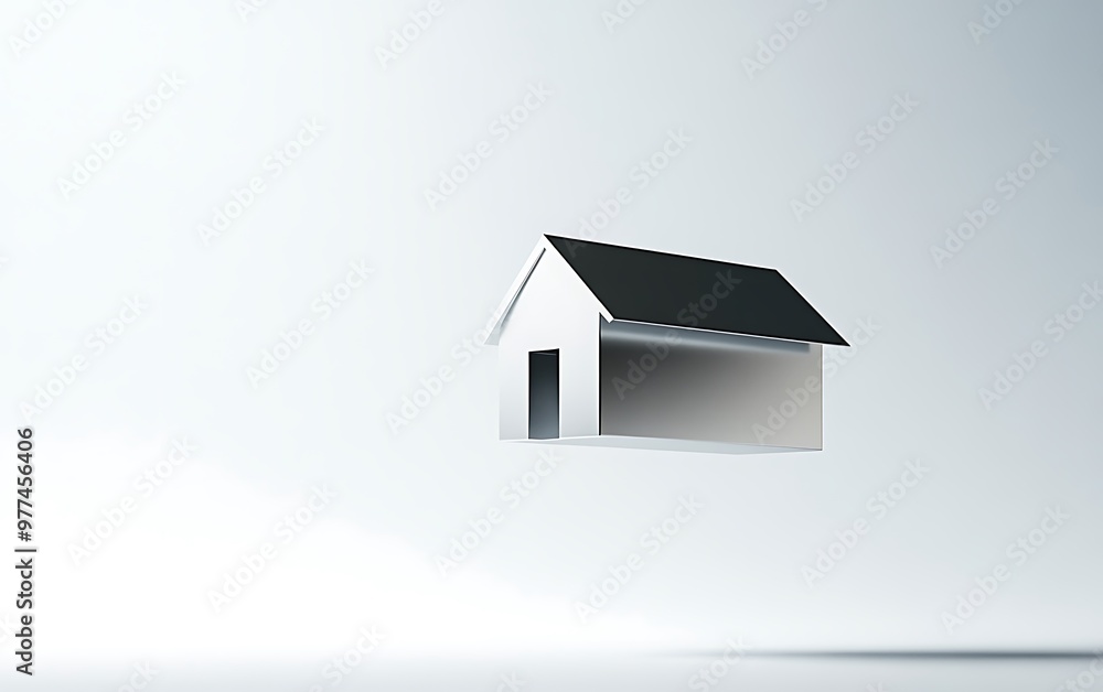 Poster sleek minimalist silver floating house in high resolution realistic photography with soft shadows on