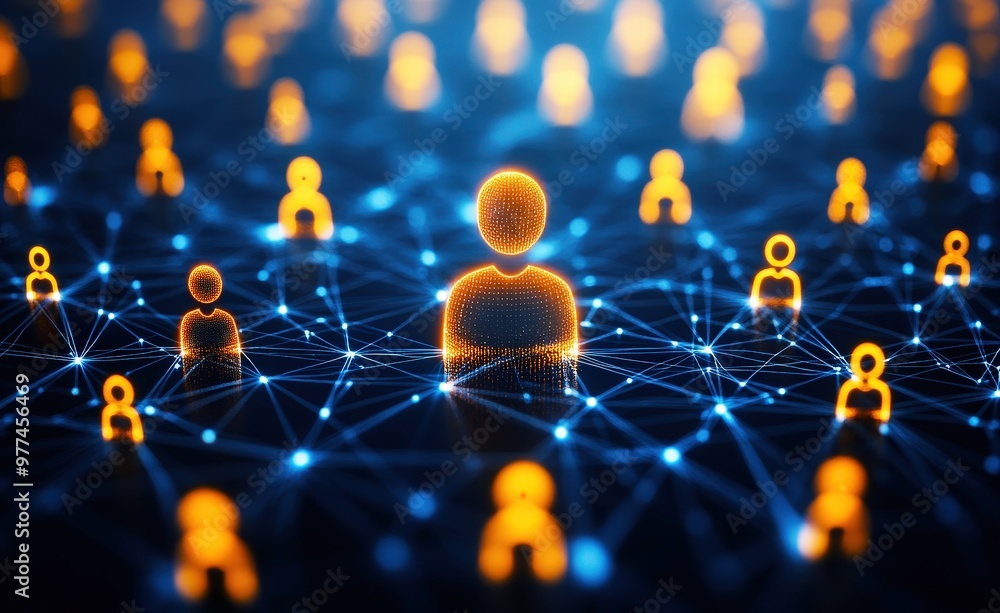 Aufkleber connected: a single glowing figure stands out within a network of connected individuals, symbolizing
