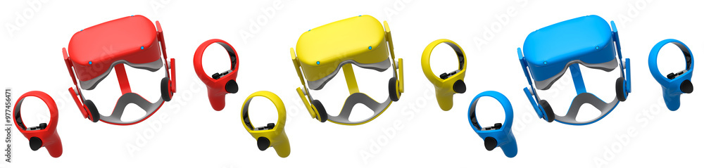 Poster virtual reality glasses and headset with controllers isolated on white background with clipping path
