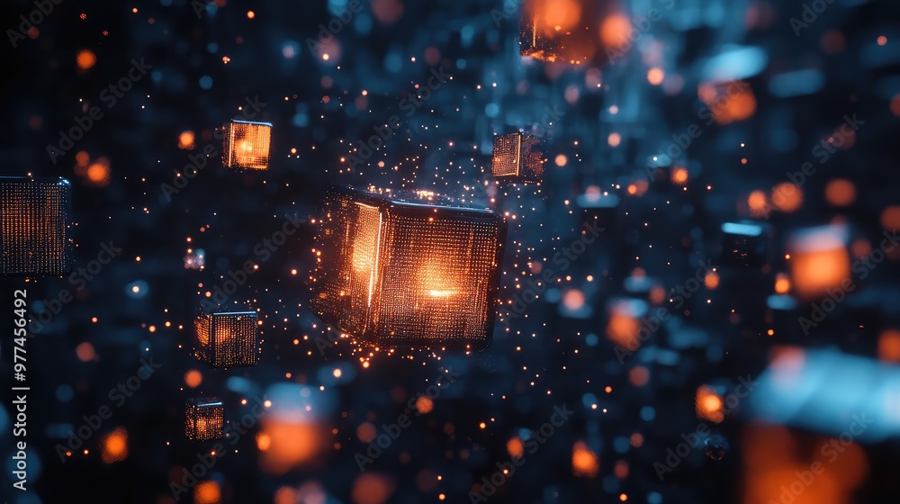 Poster abstract grid of floating cubes gradually disintegrating into glowing particles.