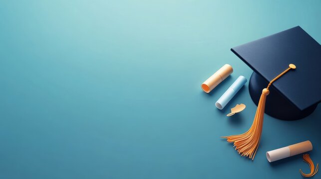 Cap and diploma rolls on a blue background signify academic achievement and graduation celebration.
