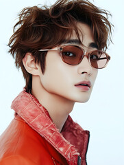 A stylish young Korean man exudes confidence and flair while wearing sunglasses, blending modern fashion with effortless cool.
