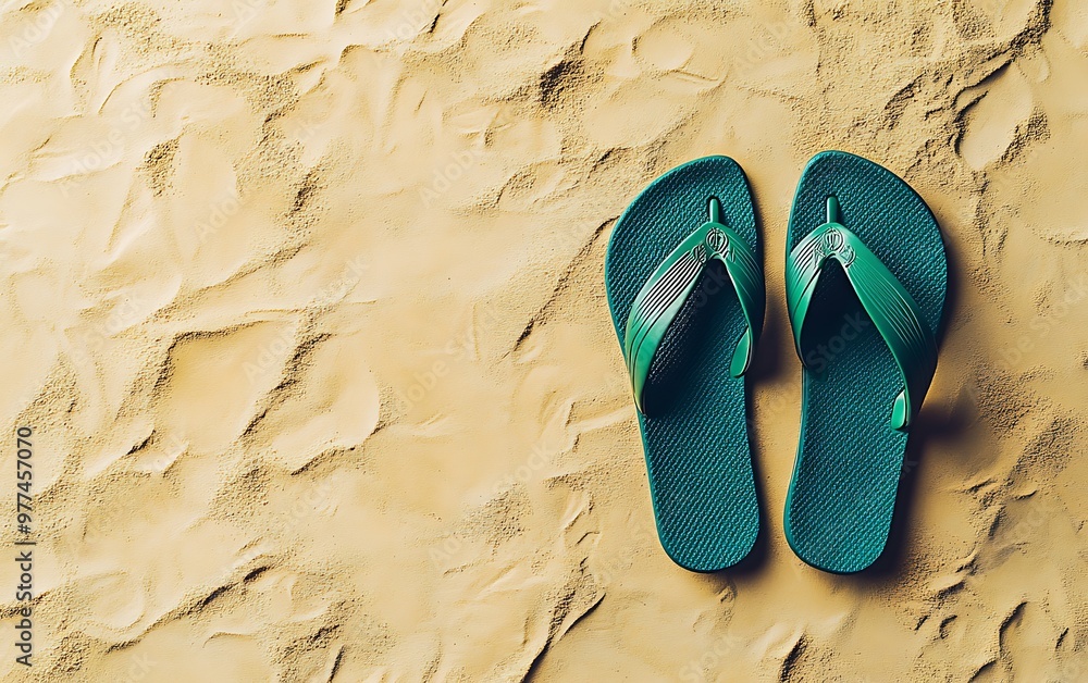 Poster summer vibes: green flip-flops on sandy beach top view with copy space - minimal flat lay style winn
