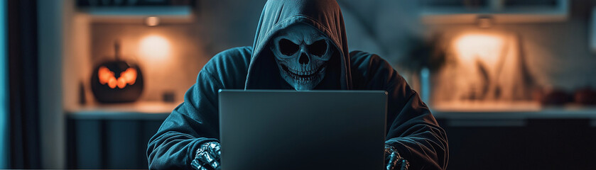 he Grim Reaper using a laptop with Halloween themed productivity apps or widgets on the screen