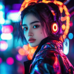 Fototapeta premium Stylish woman with neon headphones in a vibrant cityscape, embodying a modern, artistic nightlife vibe.
