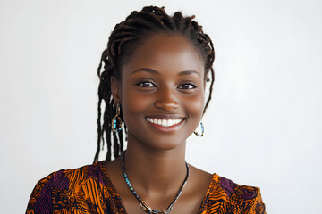 Close-up portrait of smiling beautiful African woman with radiant dark skin isolated on white...