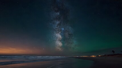 Obraz premium Starry galaxy night sky above a sandy beach, with ocean water gently touching the shore