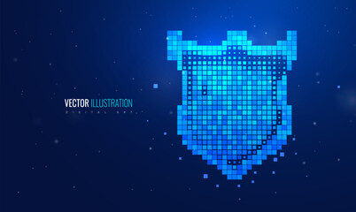 Shield protection with particle light effect in futuristic style. Pixel vector illustration defense - safety and security concept