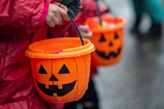 Three children are walking down a path holding orange Halloween pumpkins, generative ai image., - Powered by Adobe