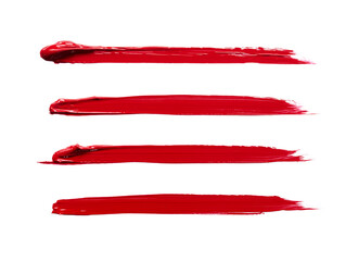 A smear of red lipstick or acrylic paint. Energetic and saturated color, stylish and dynamic image. The image is suitable for use in cosmetic companies, fashion magazines, art projects.