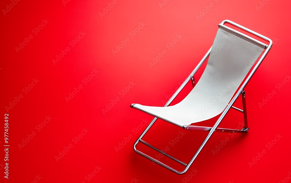 Poster relaxing in style - minimal silver beach chair on vibrant red background with copy space. top view s