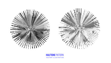 Halftone circle in grunge techno style. Geometric shape with dot pattern as a design element, logo, icon. Vector illustration