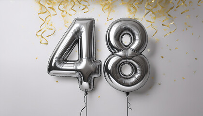 Silver birthday / anniversary balloon, number 48, white background with confetti