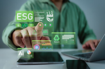 Businessman showing ESG icon to represent analyze sustainable investment concept, Environment social governance investment business concept, Social business strategy, Environment, Sustainability.