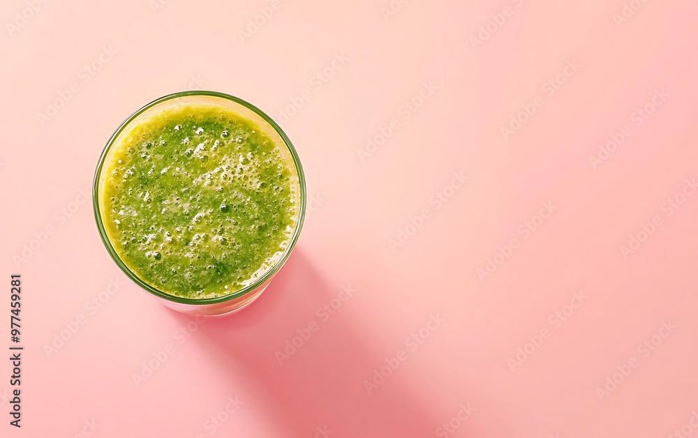 Poster refreshing green smoothie on pink background with copy space. top view minimalist composition.
