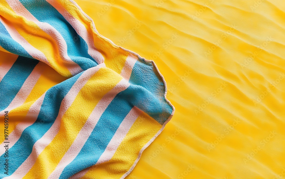 Poster serene summer vibes - colorful beach blanket on sandy yellow background, top view with copy space. m