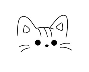 Vector isolated one single cute cartoon funny cat head muzzle doodle colorless black and white contour line easy drawing