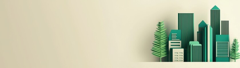 Stylish 3D illustration of a green cityscape with modern buildings and trees, perfect for sustainability themed projects.